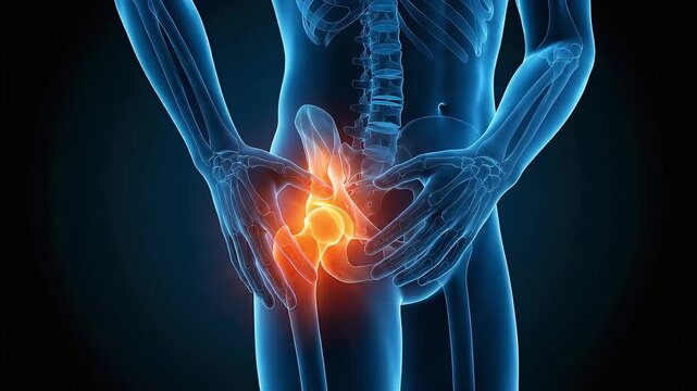 Medical 3D animation depicting hip pain and arthritis