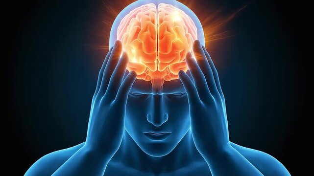 Medical 3D animation depicting severe headaches, brain inflammation, and stress.
