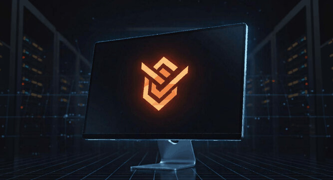 Modern computer monitor displaying a digital currency logo in a high-tech server environment