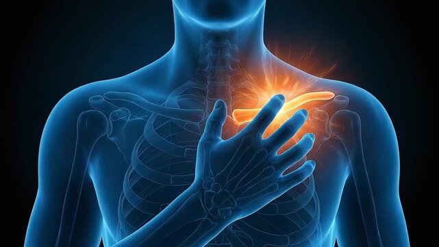 A CG illustration of the upper body skeleton and joints of a man experiencing collarbone pain.