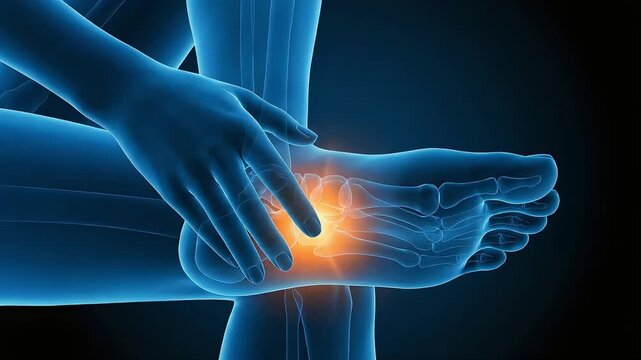 CG illustration of the skeleton and joints of a human foot experiencing pain in the top of the foot.
