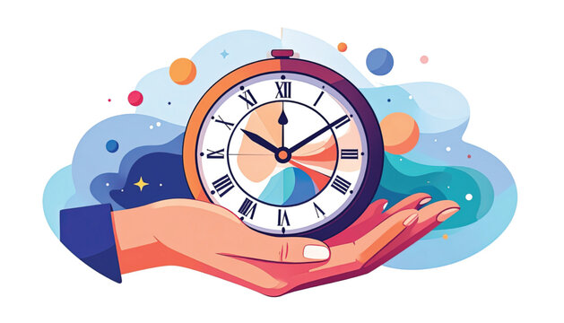 Hand holding a colorful clock face.