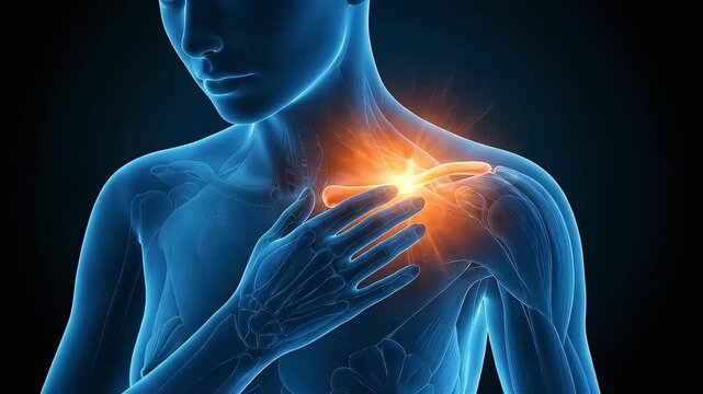 CG illustration of the upper body skeleton of a woman complaining of collarbone and shoulder pain.