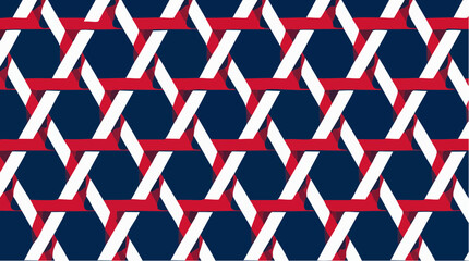 Fototapeta premium Seamless Geometric Pattern of Intertwined Red and White Ribbons on a Deep Blue Background, Vector Graphic for Design