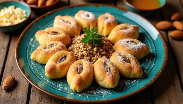 Sweet semolina pancakes filled with nuts and cheese, baked golden. Qatayef served on turquoise plate with parsley garnish. Middle Eastern dessert dusted with powdered sugar.