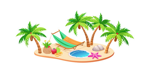 Fototapeta premium Tropical island paradise with palm trees and hammock, vector