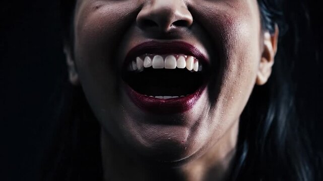 Frenzied Woman Screaming With Bared Teeth in Darkness