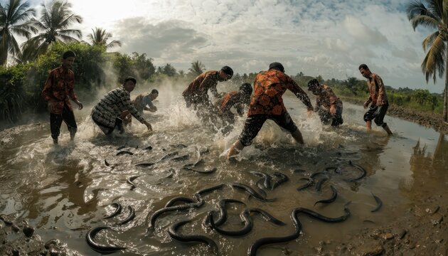Traditional Eel Catching Frenzy in Muddy Basin, Participants Engage in Aquatic Hunt with Numerous Eels Amidst Tropical Landscape