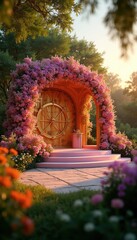 Fototapeta premium Golden gate covered in pink flowers opens to garden path. Stone stpic lead up to archway. Rich green trees surround scene. Dusk light casts soft glow.