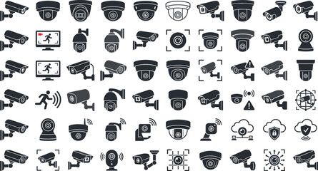 CCTV security camera vector icon set with dome bullet camera monitor intruder warning and video surveillance system symbols © Md