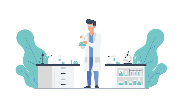 Scientist in a white lab coat holds a glass flask with green liquid while standing between two laboratory tables filled with chemical equipment and large green plants.