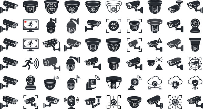 CCTV security camera vector icon set with dome bullet camera monitor intruder warning and video surveillance system symbols