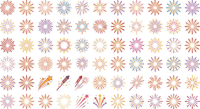 Fireworks burst and celebration vector icon set with festive rocket sparkler explosion stars and party elements for holiday carnival decoration