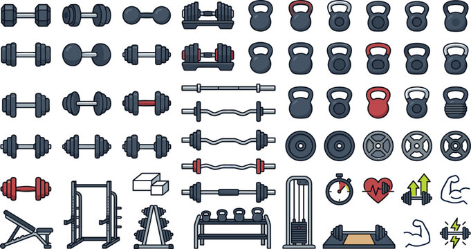Dumbbell and kettlebell fitness icon set vector bundle with barbell weight plate rack bench and gym bodybuilding workout symbols