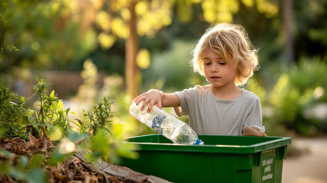Cute little boy putting an empty plastic water bottle into a green recycling bin outdoors. Child learning about ecology, waste sorting and environment protection in a sunny park