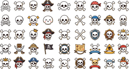 Obraz premium Generative AI vector illustration of cute pirate skull and crossbones icon set featuring funny facial expressions flags hats and treasure maps