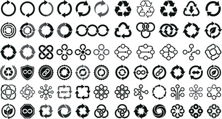 Fototapeta premium Generative AI vector illustration of monochrome recycling and loop arrow icon set featuring black circular infinity ecology symbols isolated on white