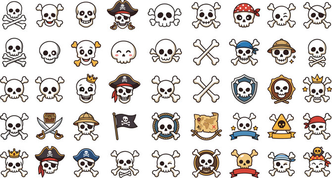 Generative AI vector illustration of cute pirate skull and crossbones icon set featuring funny facial expressions flags hats and treasure maps