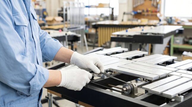 Instrument technician installing a rubber drive belt onto the motor of a metal vibraphone