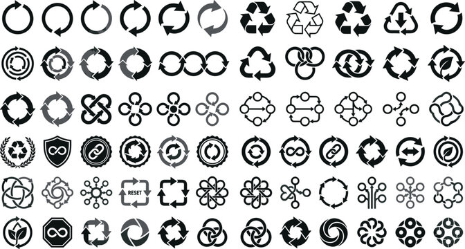 Generative AI vector illustration of monochrome recycling and loop arrow icon set featuring black circular infinity ecology symbols isolated on white