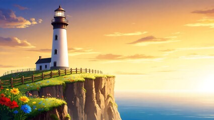 Fototapeta premium Lighthouse standing on a cliff with flowers under a sunset sky