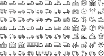 Generative AI vector illustration of logistics and cargo truck outline icon set featuring delivery vans shipping containers and warehouses © Md