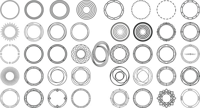 Generative AI vector illustration of circular geometric frames icon set featuring black line ornaments borders sunbursts and abstract mandala rings