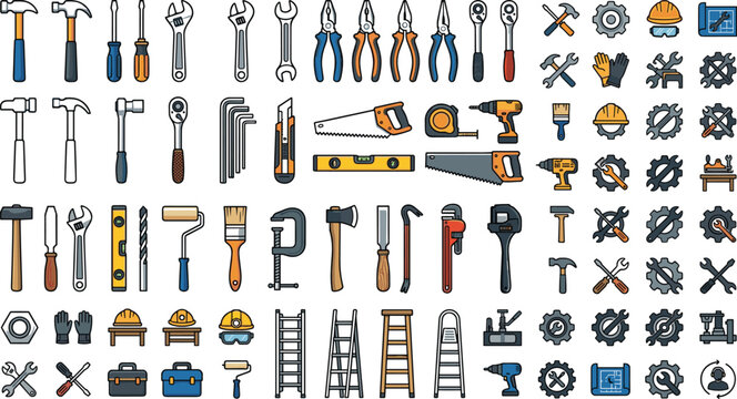 Generative AI vector illustration of carpentry and construction hand tools icon set featuring hammers screwdrivers saws wrenches and safety equipment