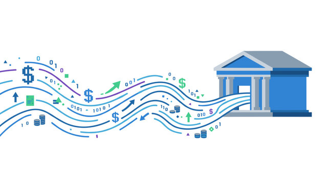 Digital banking concept with data flow to and from a bank building illustration Vector