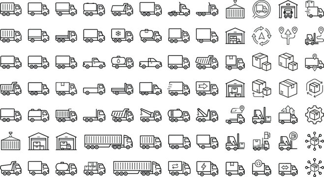 Generative AI vector illustration of logistics and cargo truck outline icon set featuring delivery vans shipping containers and warehouses