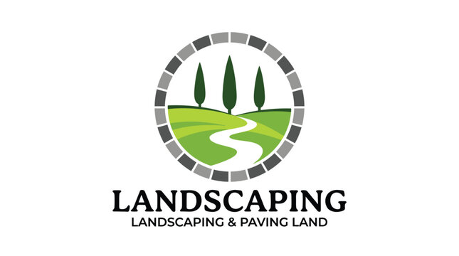 Professional vector illustration of a circular landscaping logo featuring stylized green hills and tall trees