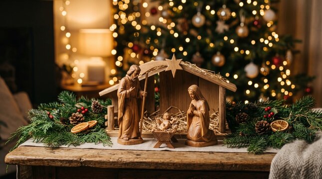 Wooden nativity scene displayed on table with Christmas tree background  