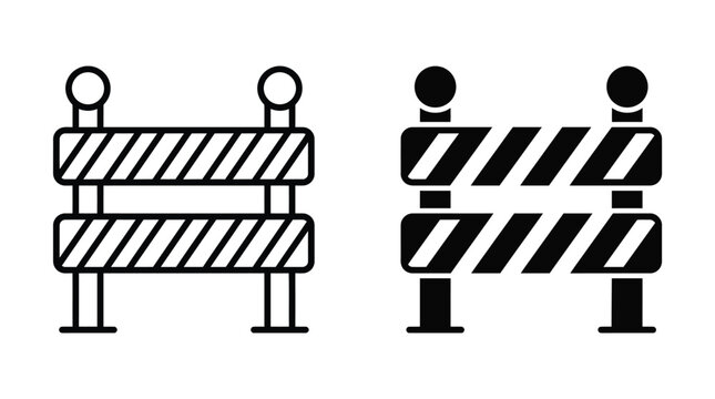 Two black and white vector illustration designs of construction road barricades on a plain background