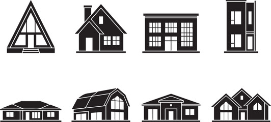 Set of architectural house silhouettes including modern villa cabin barn house townhouse and bungalow isolated on white background © MdNajmul