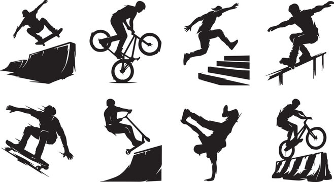 Set of extreme sports silhouettes including skateboarders bmx riders inline skaters and parkour athletes performing stunts on white background
