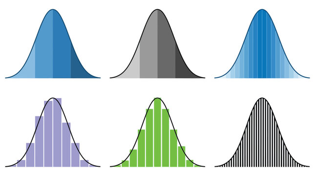 Set of six colorful vector graphic illustrations showing normal distribution bell curves for statistical analysis