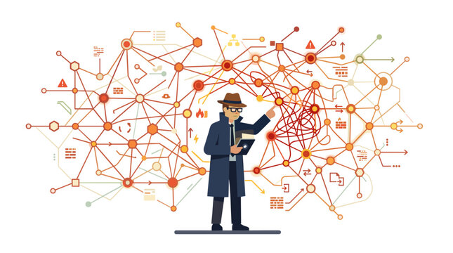 Detective analyzing complex network of data connections and information flow Vector
