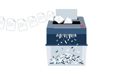 Naklejka premium Paper shredder destroying documents creating confetti in a clear bin Vector