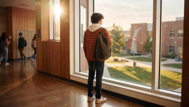 Teenage boy looking out school window at campus. Student contemplating sunset view from hallway. Youth reflection and education moment in autumn light