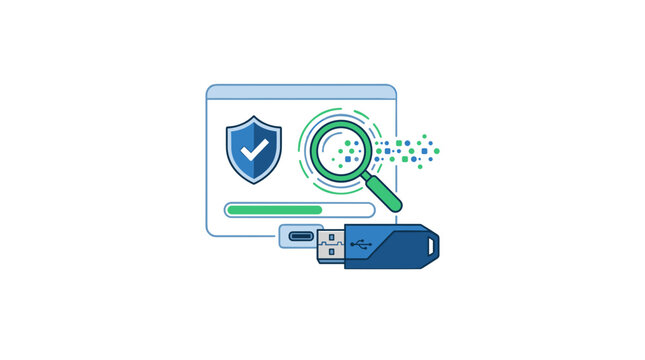 Cybersecurity concept digital data protection and security scan with USB drive and magnifying glass Vector