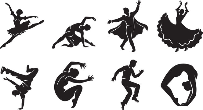 Black silhouette collection of professional dancers performing various dance styles and expressive movements isolated on white background