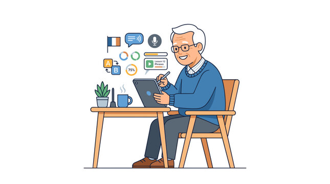 Elderly man learning languages online using a tablet and stylus with translation icons and flags Vector