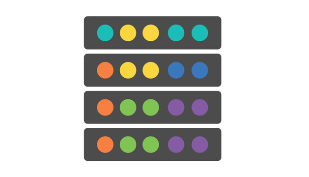Four server rack units displaying rows of vibrant dots for data status, network connectivity, and digital information processing in a modern computing environment.