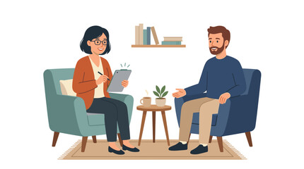 Fototapeta premium Therapist talking to patient in a comfortable office setting discussing mental health and well being Vector
