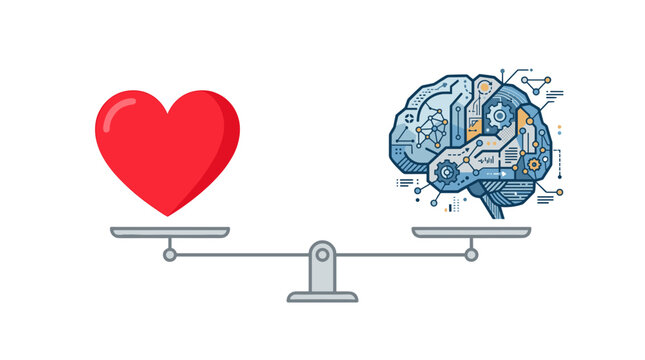Heart and brain on a balance scale representing emotional versus logical decision making Vector