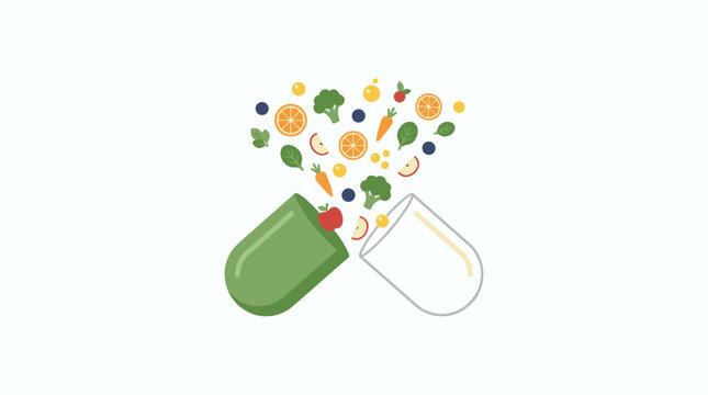 Open capsule with fresh fruits and vegetables spilling out symbolizing natural supplements and healthy eating Vector