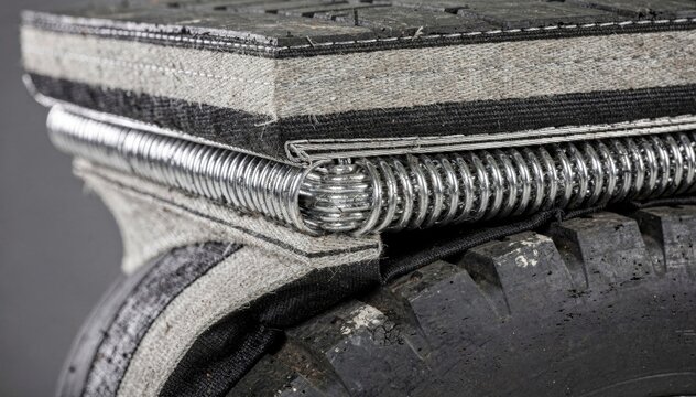 Closeup medium shot of tire edge reinforcement for truck tires highlighting robust bead wire integration with fabric cords for heavyduty strength.