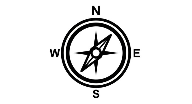 Compass rose illustration displaying cardinal directions north, south, east, and west for navigation purposes.
