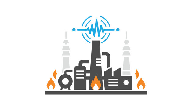 Industrial factory silhouette with a blue electrical pulse and orange flames energy production hazards and power plant safety management protocols.