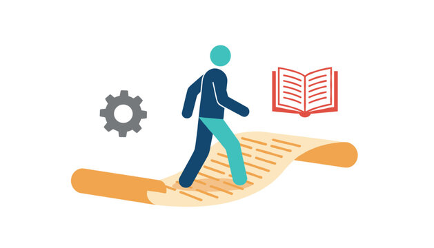 Human figure walking across long paper scroll accompanied by gear and open book highlighting educational journey, continuous learning, and development.